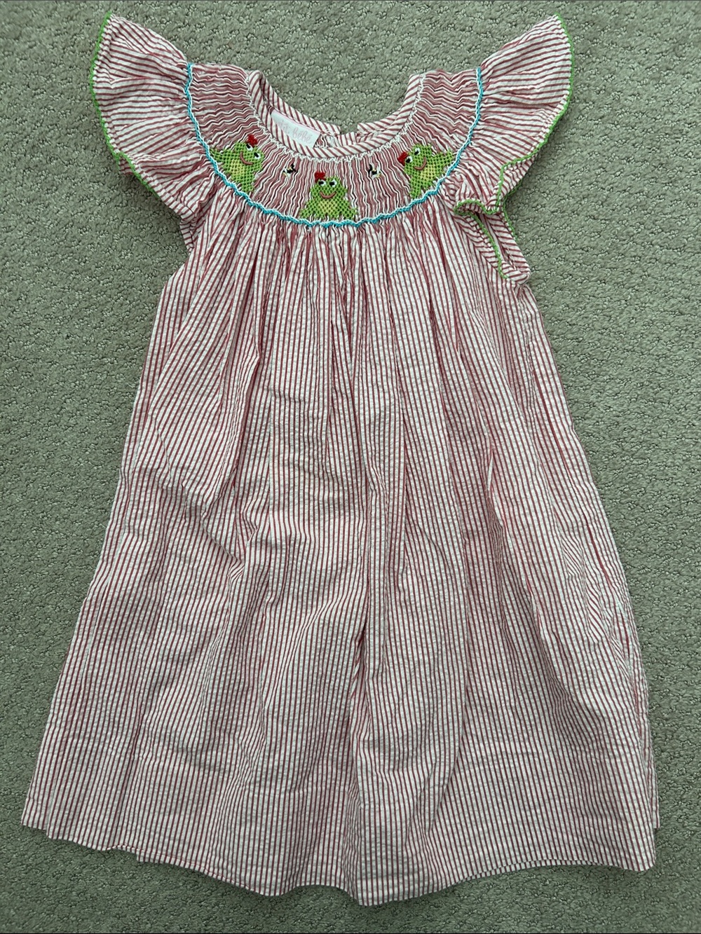 VGUC Petit Bebe red seersucker frog smocked dress